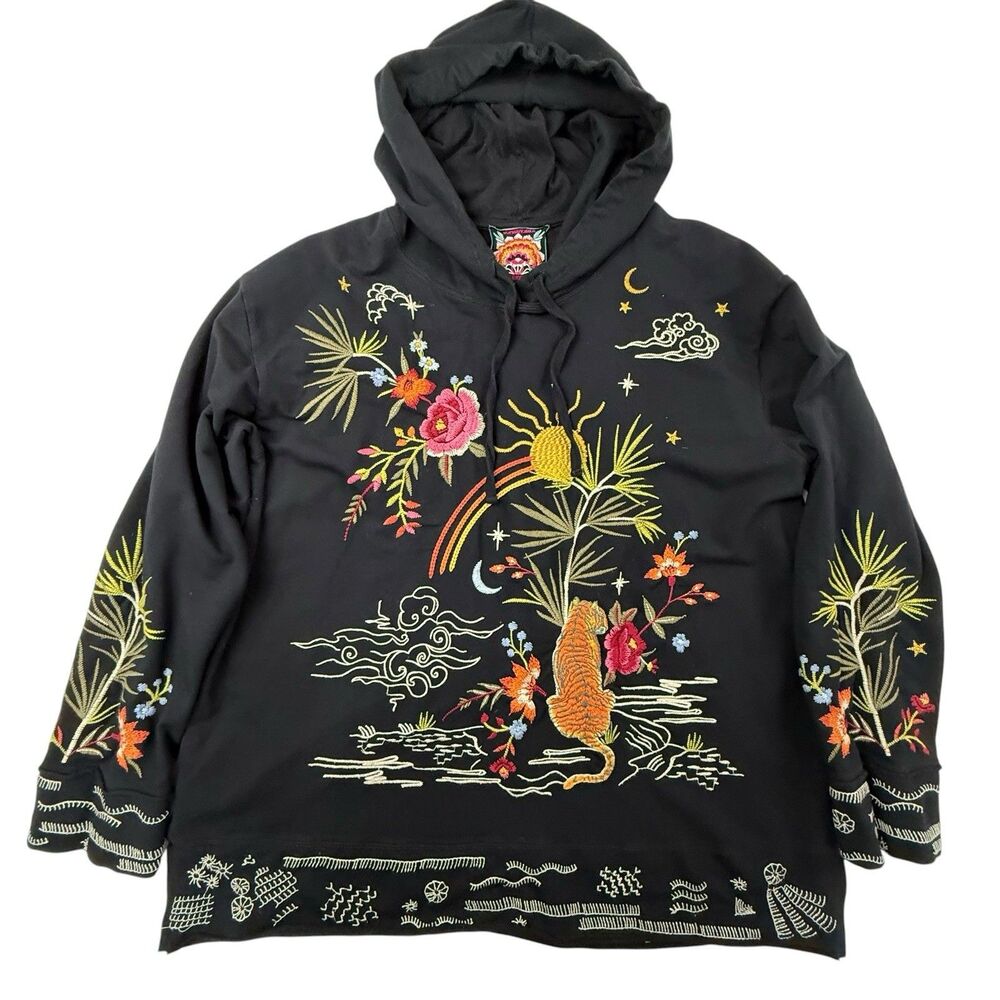 Johnny Was Keone Embroidered Tiger Hoodie XL Sweatshirt Floral Boho Long Sleeve